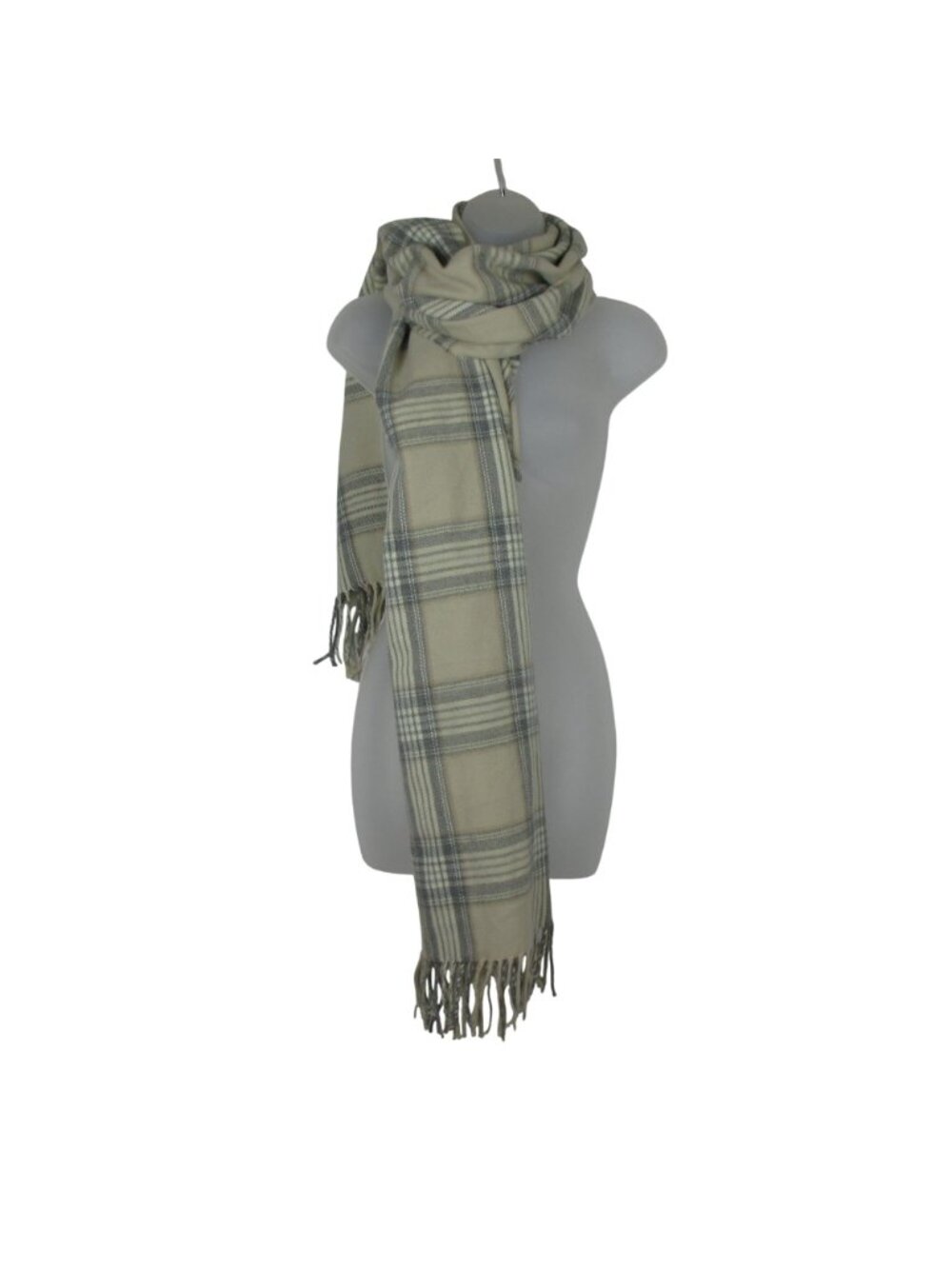 J CREW Check Plaid Scarf Wrap Beige & Gray With Fringe Large Everyday Classic
